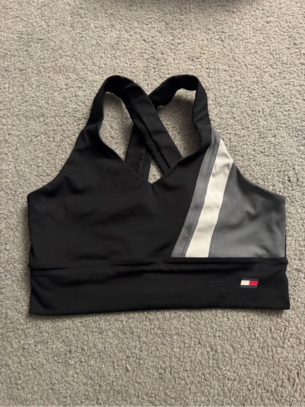 Tommy Hilfiger Black, Gray & White Striped Cross-Back Sports Bra